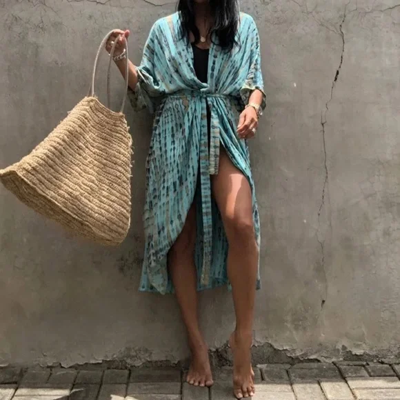 Turquoise Tie Dye Boho Swim Coverup Kimono Robe - Picture 7 of 9
